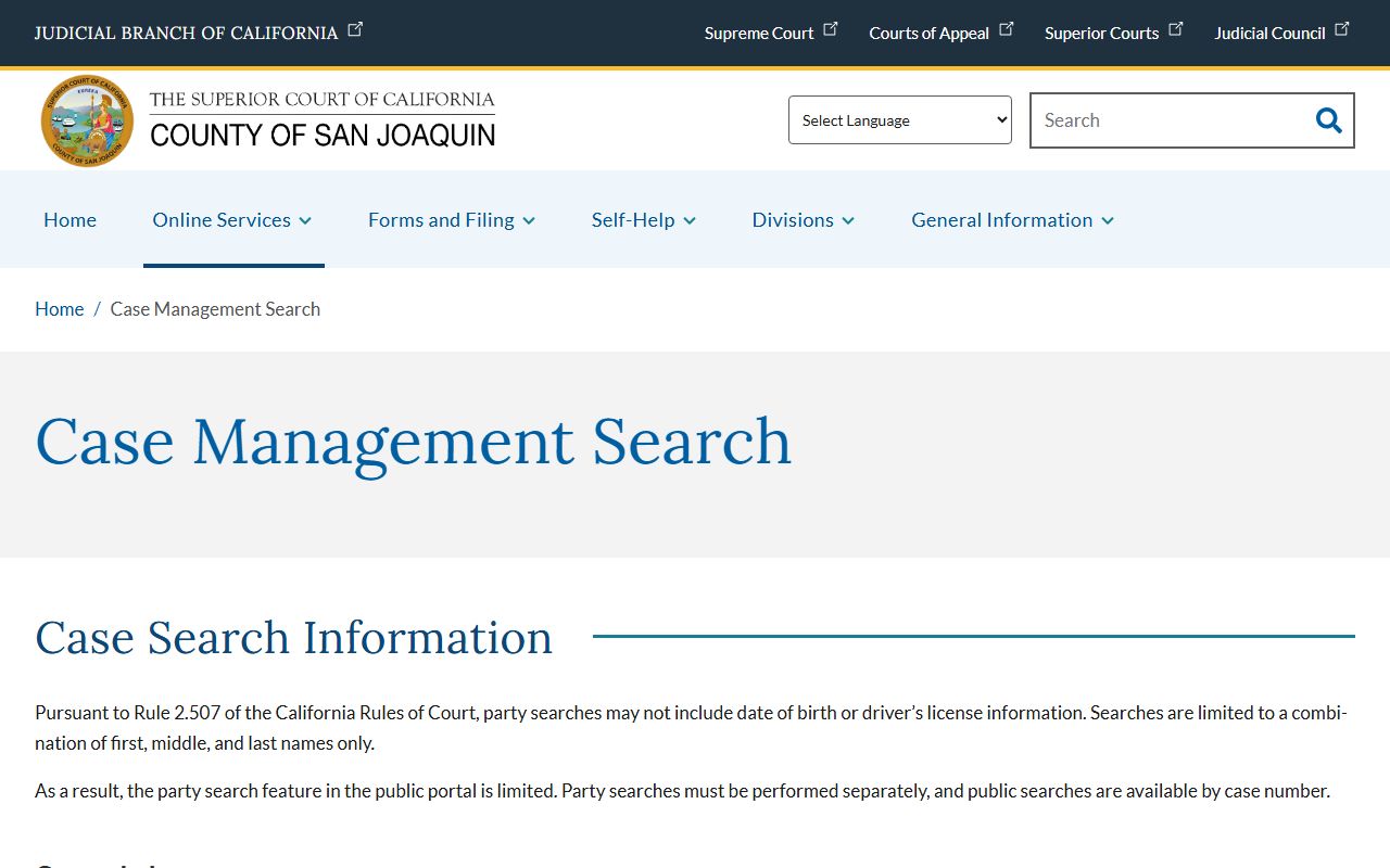 San Joaquin County Court records case-management search information page