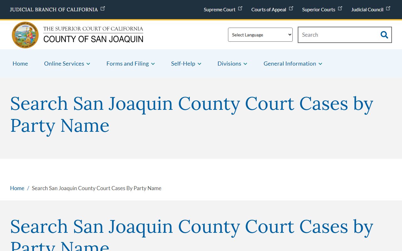 San Joaquin County Court records party-name case search form