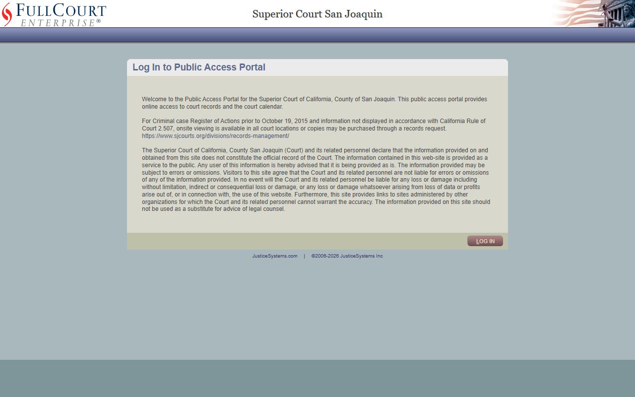 San Joaquin County Court records FullCourt Enterprise public access portal