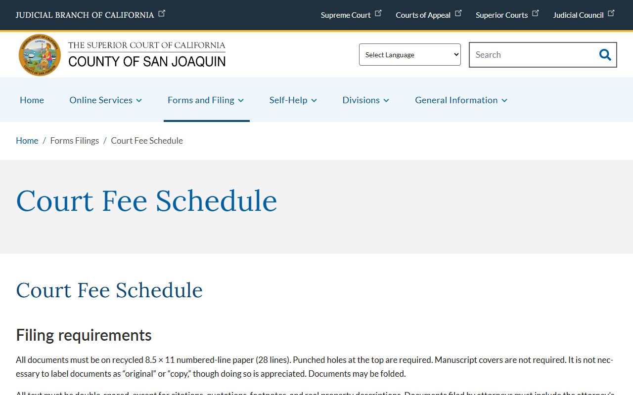 San Joaquin County Court records fee schedule page