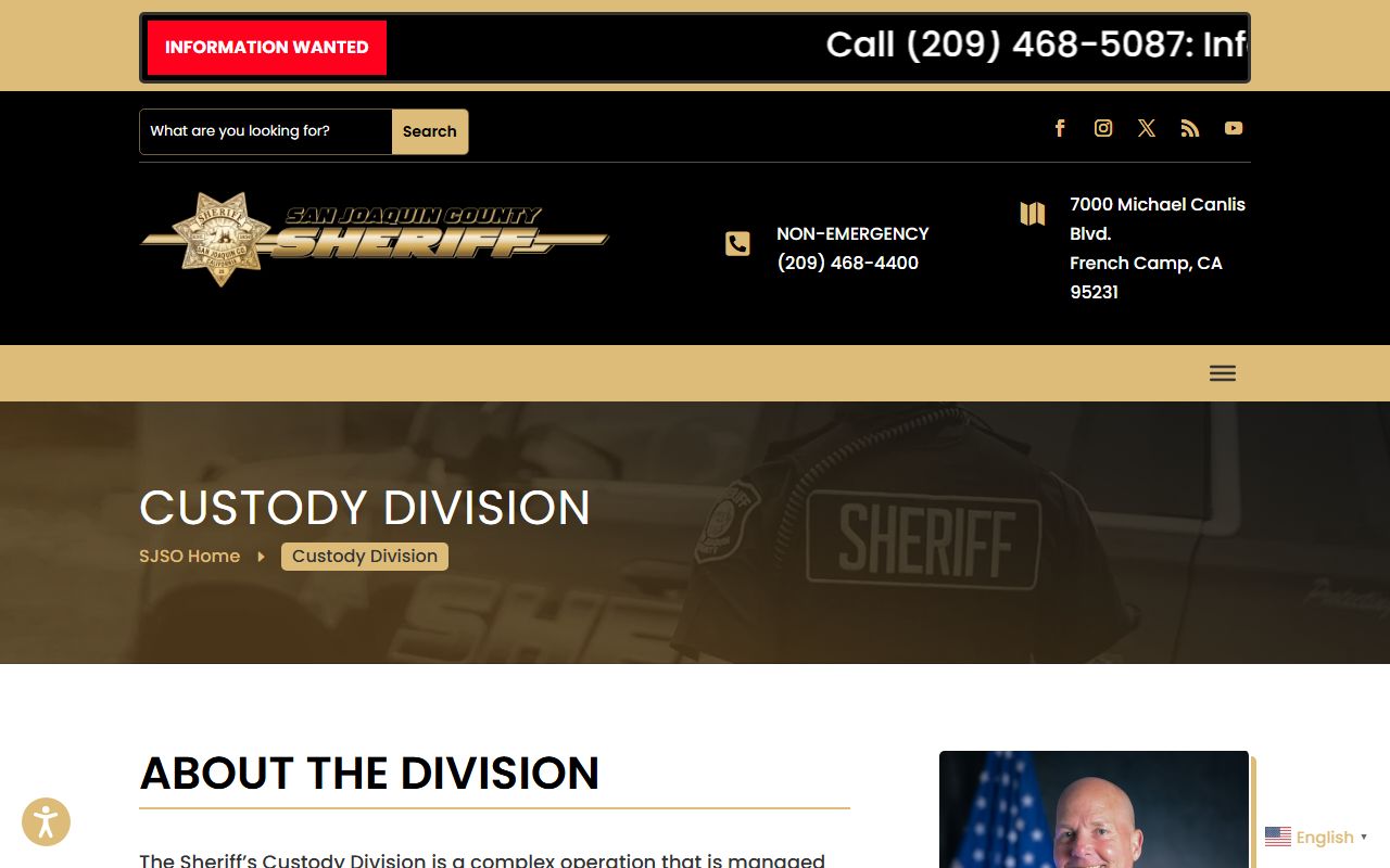San Joaquin County inmate records sheriff custody division information page
