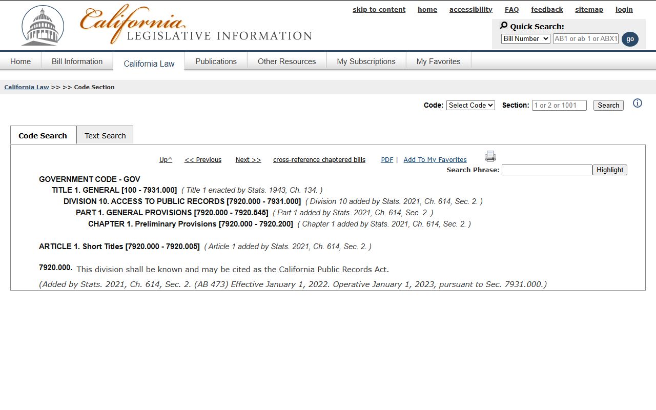 San Joaquin County public records CPRA structure section 7920.000