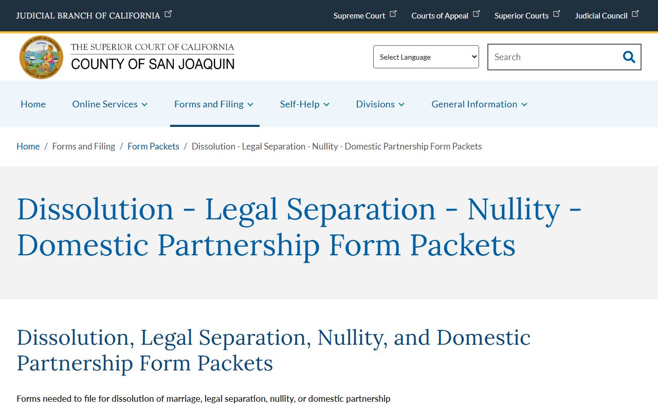 San Joaquin Superior Court family law form packet for dissolution and legal separation