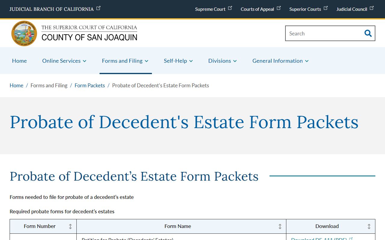 San Joaquin County probate of decedents estate form packet page